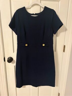 Ann Taylor Factory Navy Short-Sleeve Midi Dress with Gold Buttons